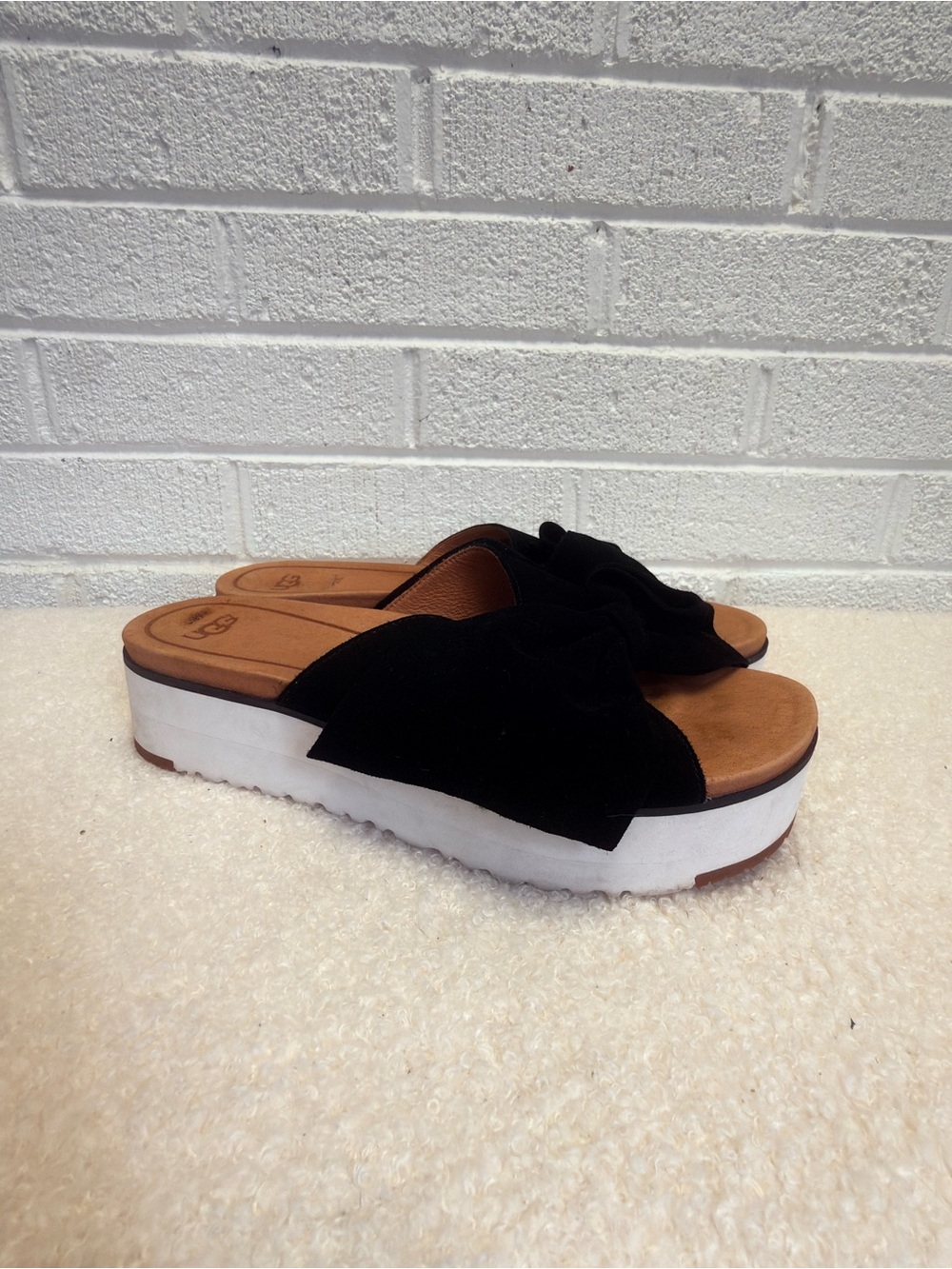 UGG Black Suede Knot Platform Slide Sandals with White Sole